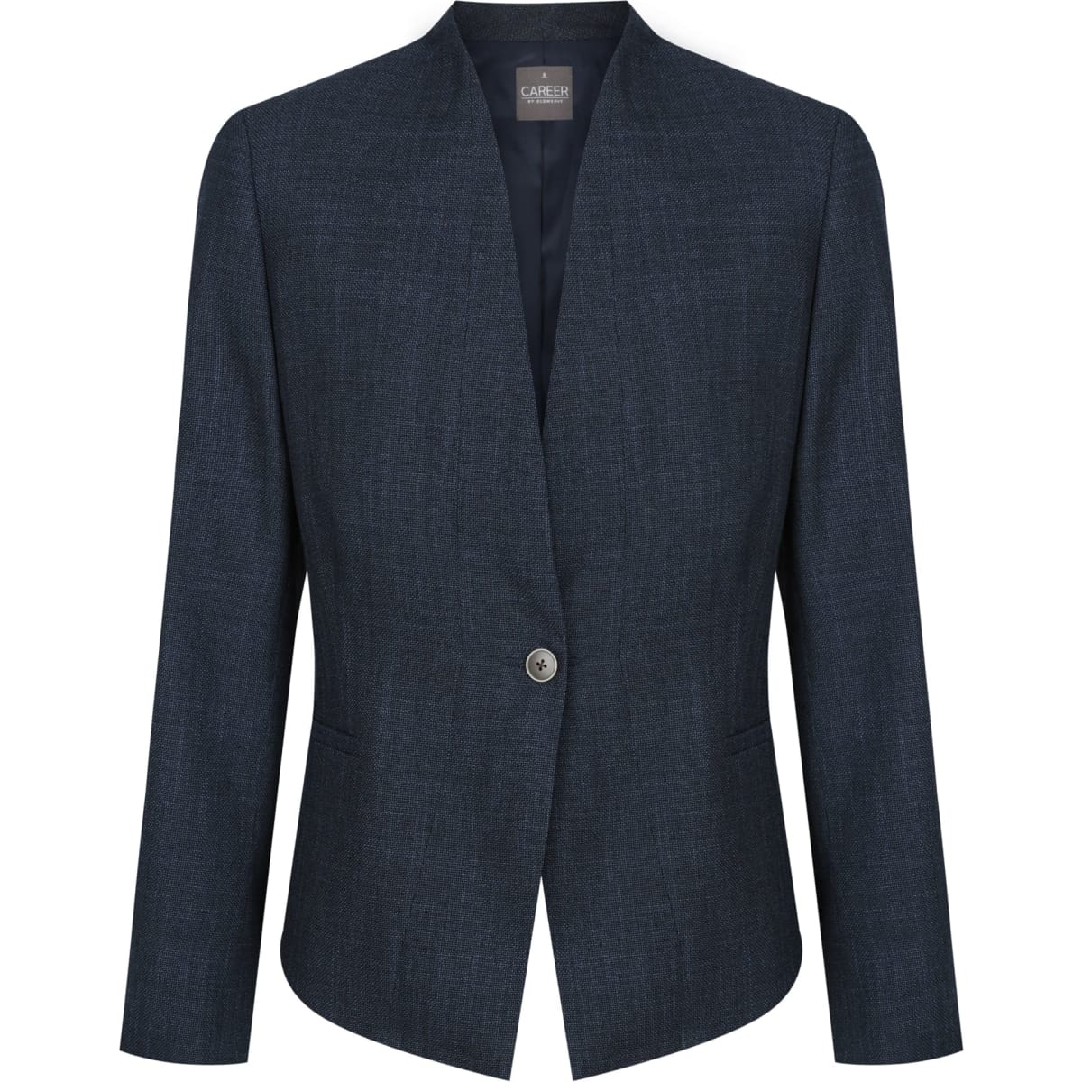 A dark navy jacket with a single button closure and a minimalist design, featuring long sleeves and no collar.
