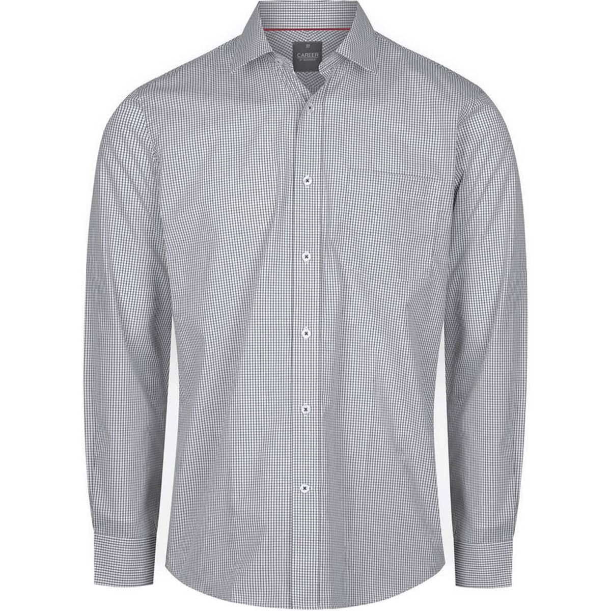 A button-up shirt featuring a check pattern in grey and white, with long sleeves and a chest pocket.