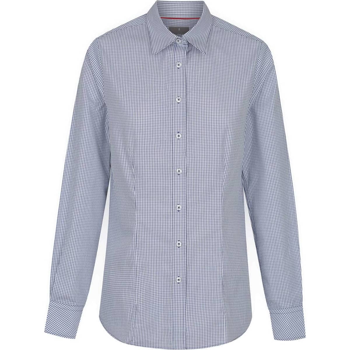 A button-up shirt featuring a blue and white check pattern, with long sleeves and a collar. It has a logo on it.