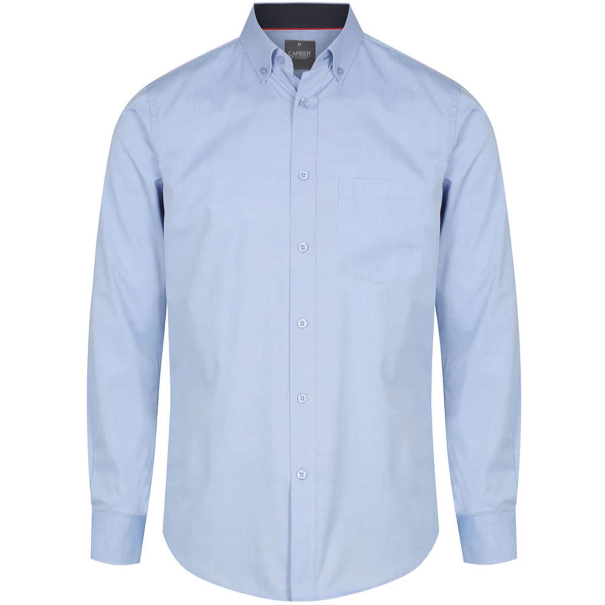 A light blue button-up shirt with long sleeves and a single chest pocket. It features a collar and has a logo.