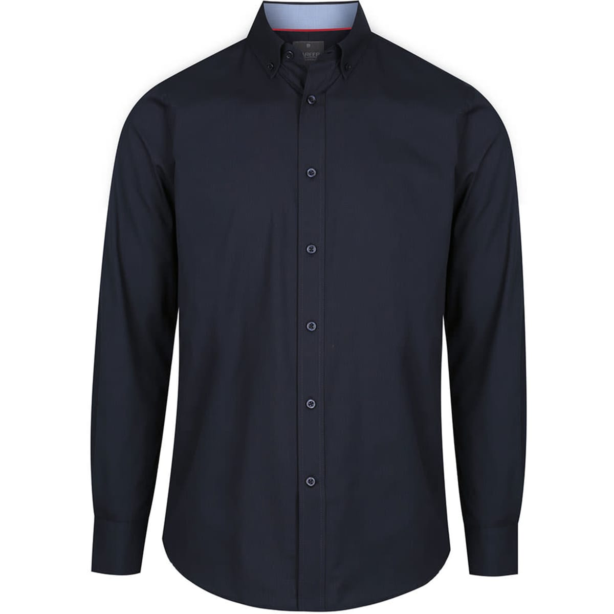 A dark navy button-up shirt with long sleeves and a collar, featuring a subtle texture and a logo.