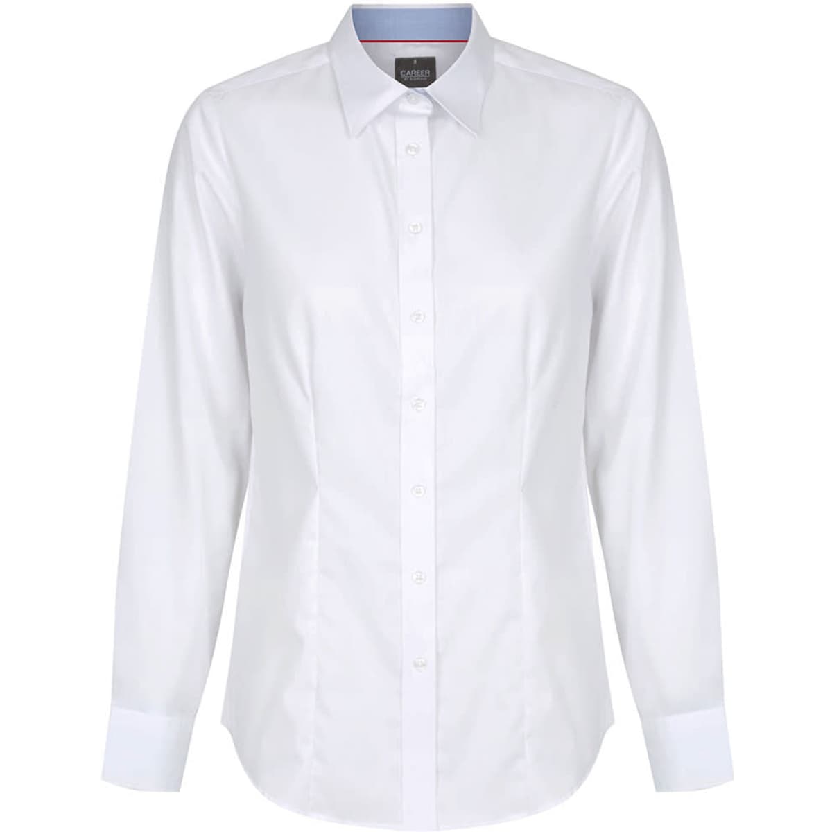A white button-up shirt with a collar and long sleeves, featuring a branding label.