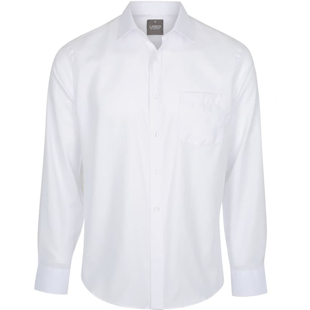 A white button-up shirt featuring long sleeves and a chest pocket, with a logo on the collar.