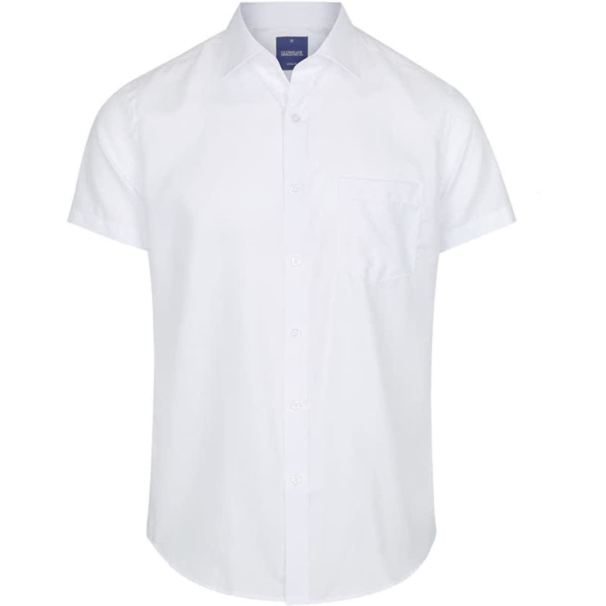 A short-sleeved button-up shirt in crisp white, featuring a single chest pocket and a branded collar.