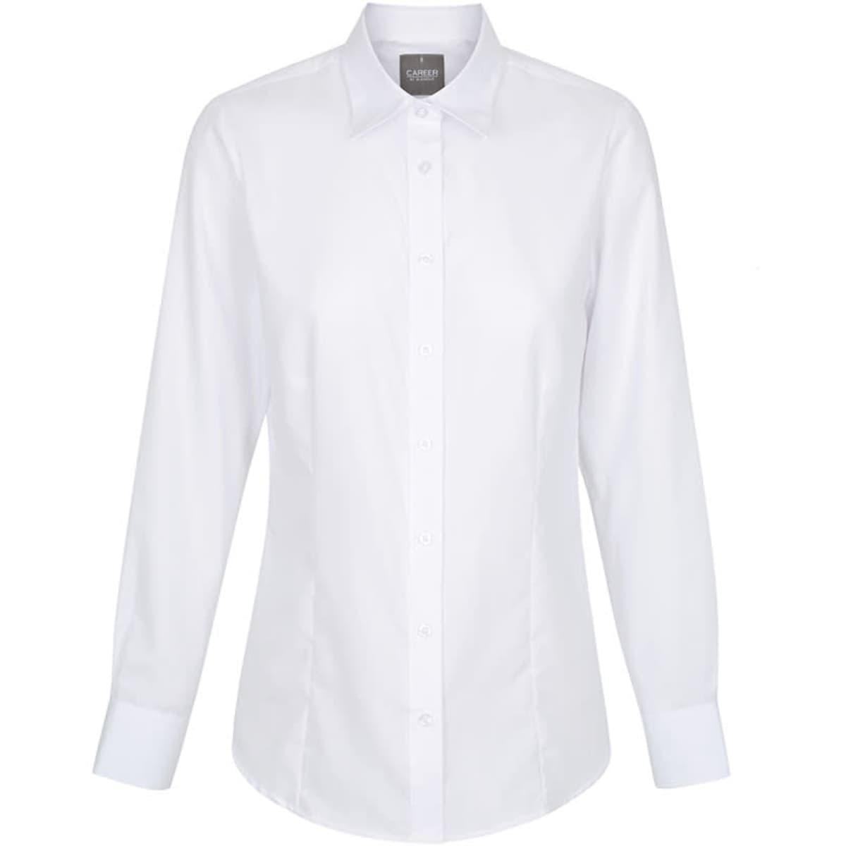 A button-up shirt in crisp white, featuring a classic collar and long sleeves, with a logo on the label.