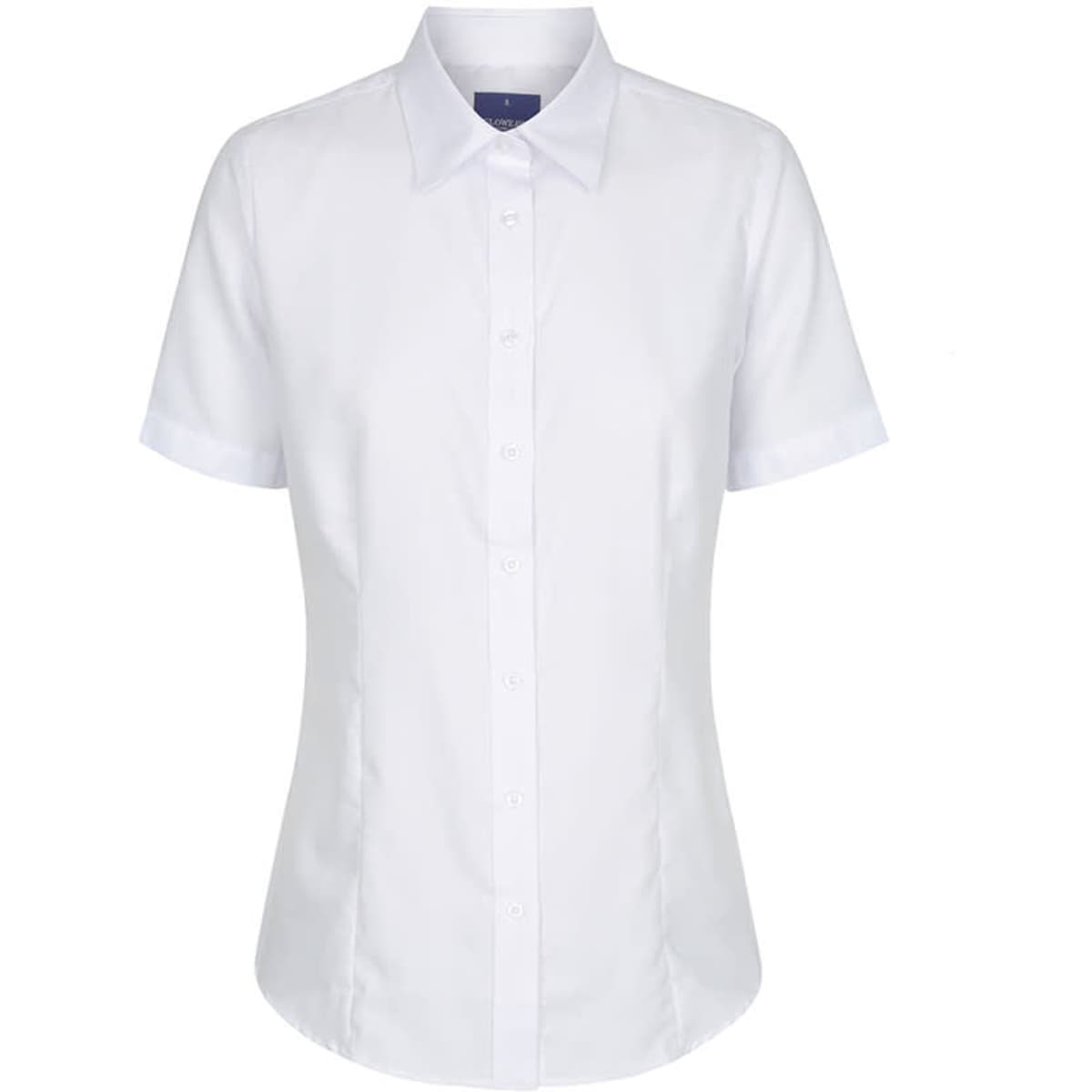 A white button-up shirt with short sleeves and a collared neck. The shirt features a fitted design and has branding.