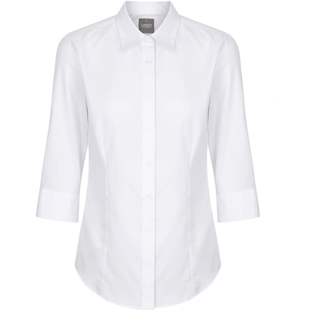 A white shirt with three-quarter sleeves and a collared neckline, featuring a button-up front and a small logo.