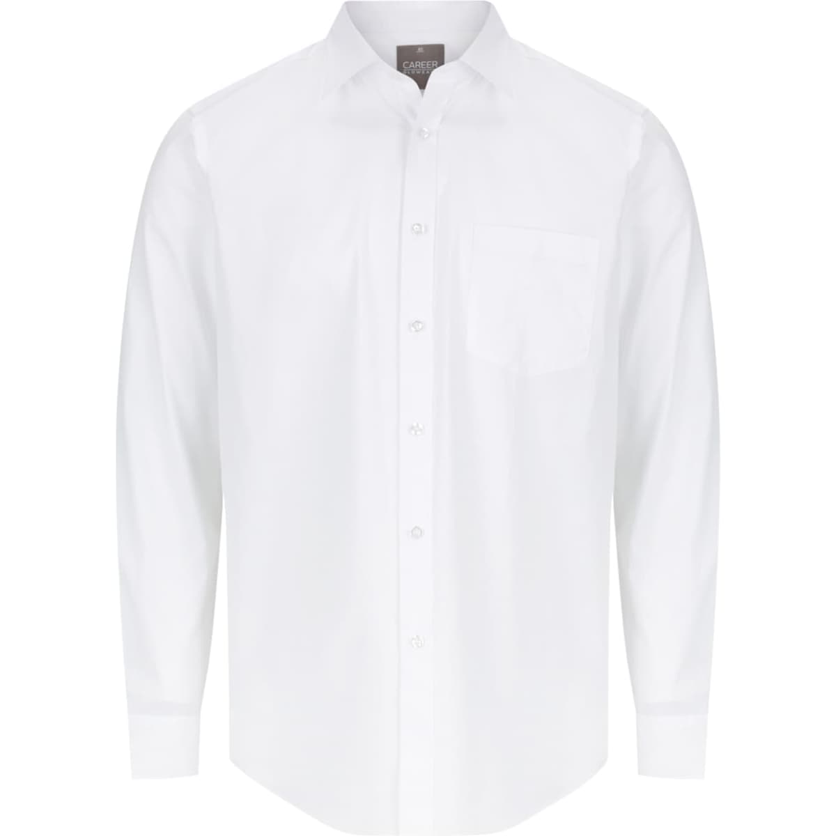 A white button-up shirt with long sleeves and a front pocket, featuring a logo on the collar.