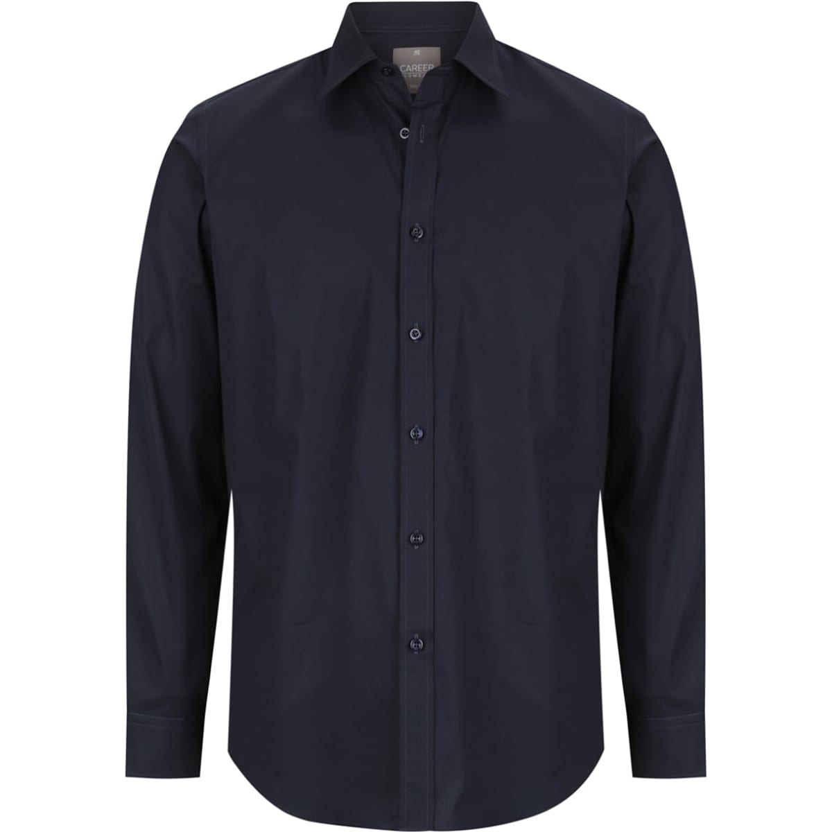 A navy blue button-up shirt featuring a slim fit, long sleeves, and a collar. It includes a logo on the label.