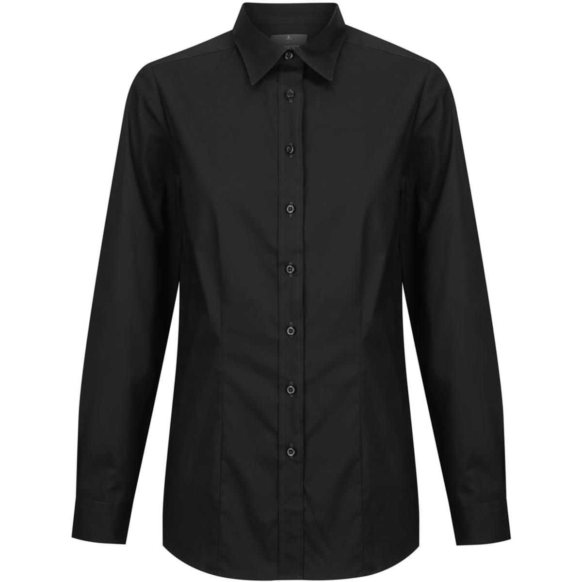 A button-up shirt in black with long sleeves and a classic collar, featuring a front button closure and a logo.