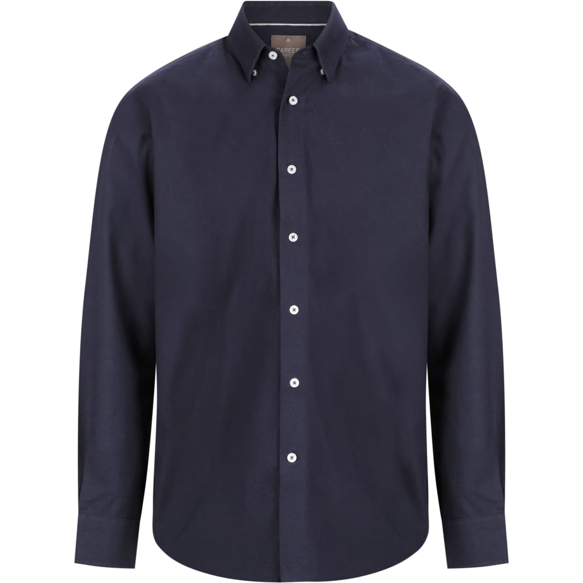 A navy button-up shirt with a collar and full sleeves, featuring a logo on the chest.