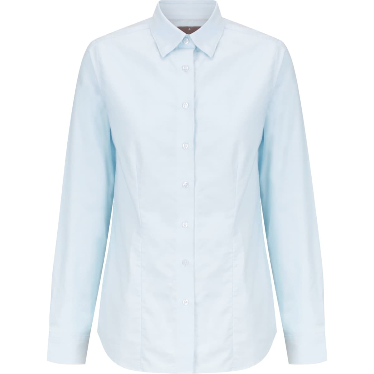 A light blue button-up shirt with long sleeves and a classic collar. It features a logo on the front.