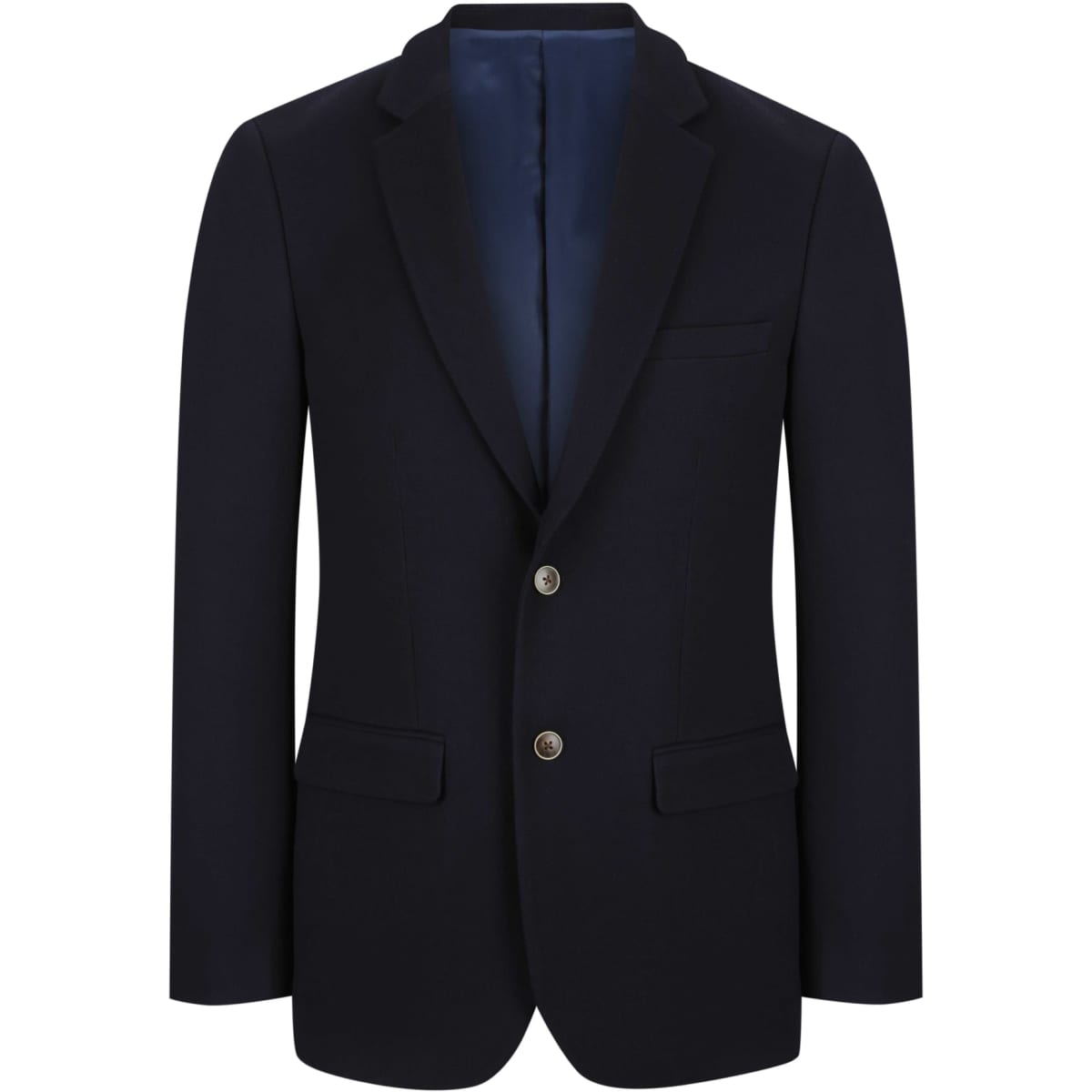A navy blue men's blazer featuring a single-breasted design, two front pockets, and a tailored fit.
