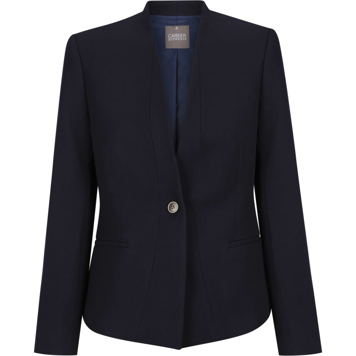 A navy women's crop jacket featuring a single button closure and long sleeves, with a branded label inside.