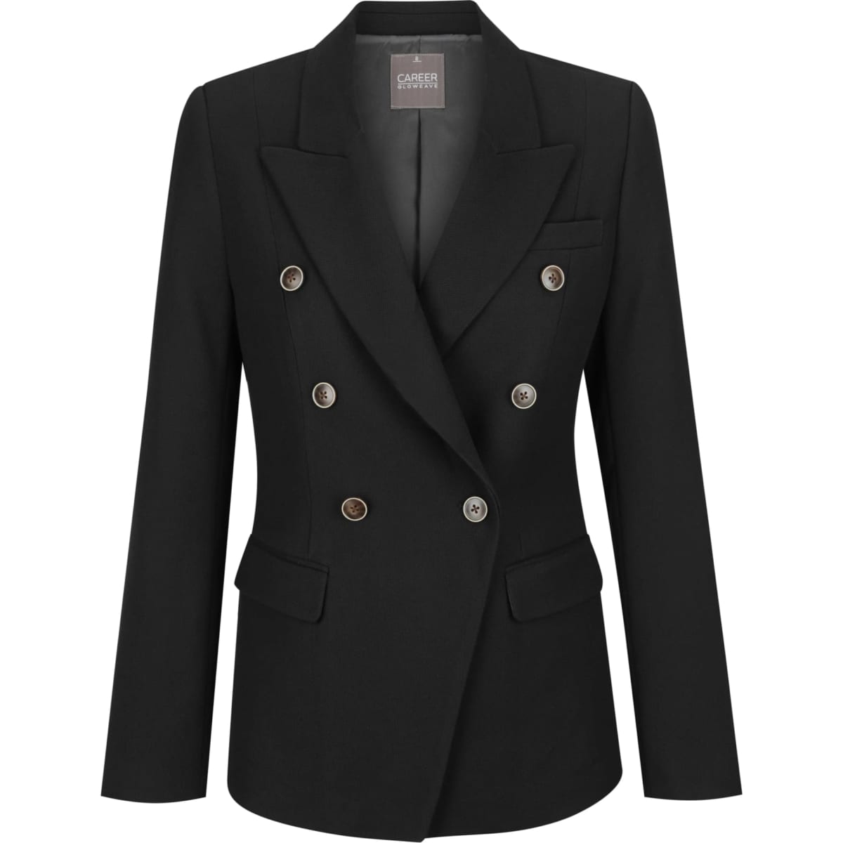 A black double-breasted women's blazer featuring a tailored fit and decorative buttons, with two front pockets.
