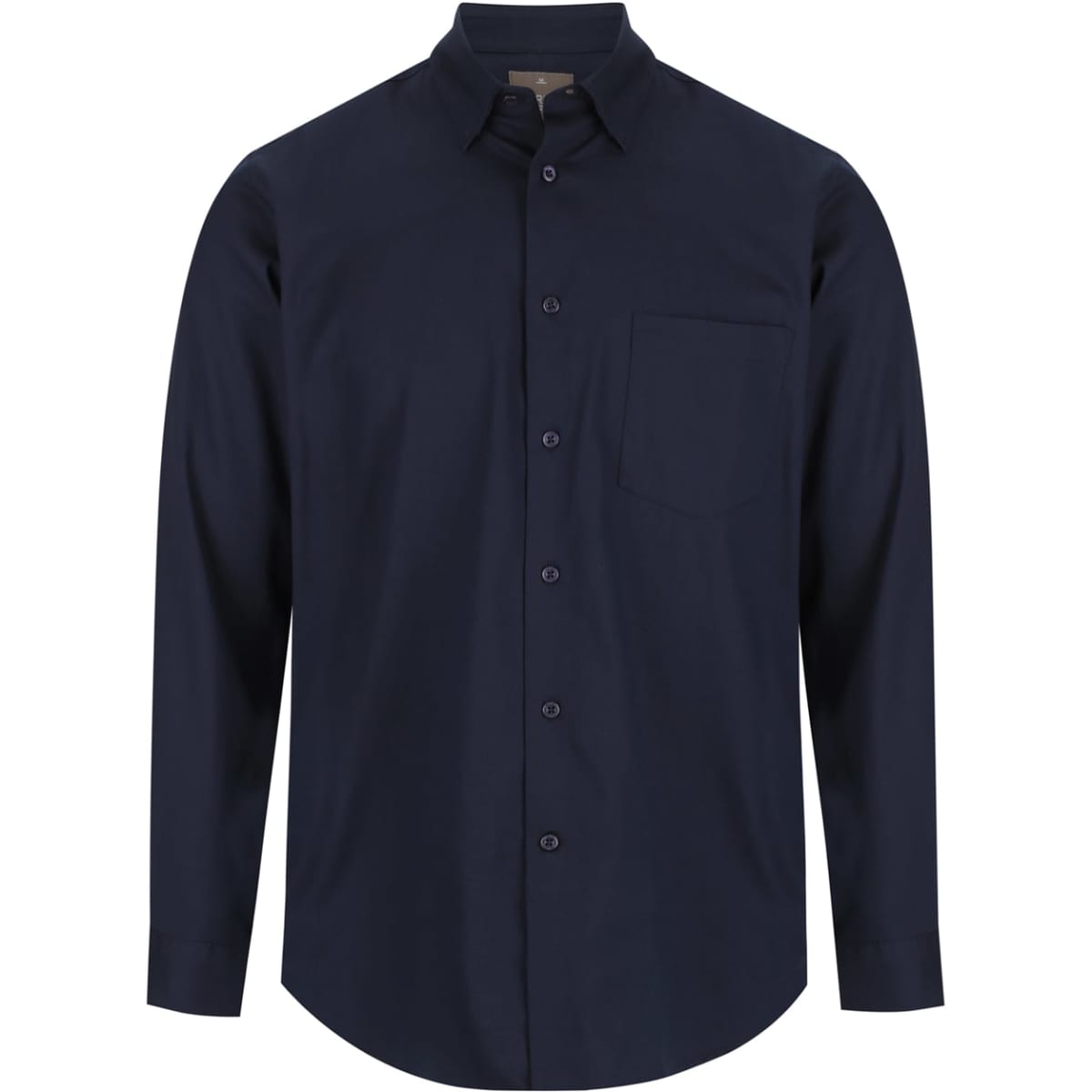 A navy blue long-sleeved shirt with a collar and a single chest pocket. Features a small logo.