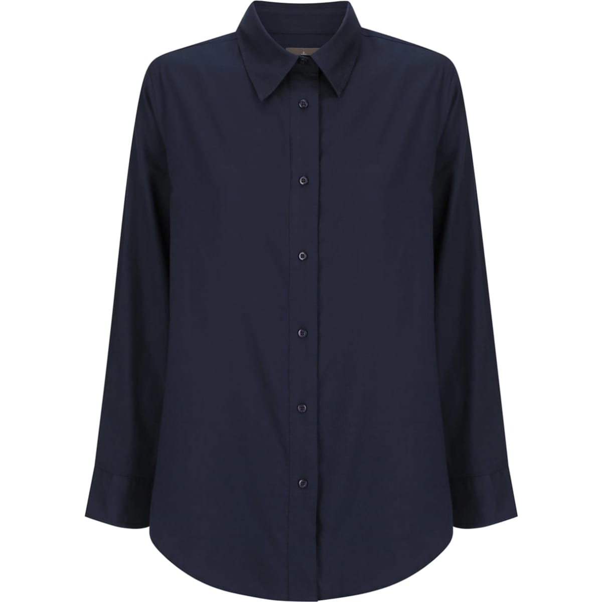 A navy blue long-sleeve shirt with a button-up front and a collar, featuring a logo.