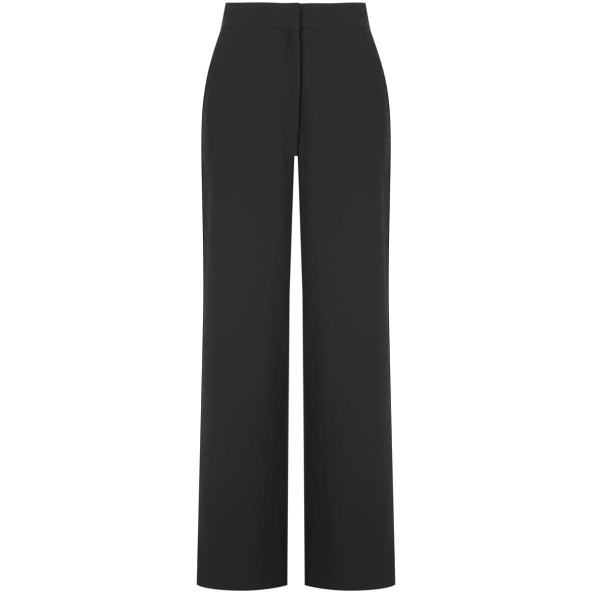 A pair of black wide-leg pants with a high waist and a clean design. Features a logo tag.