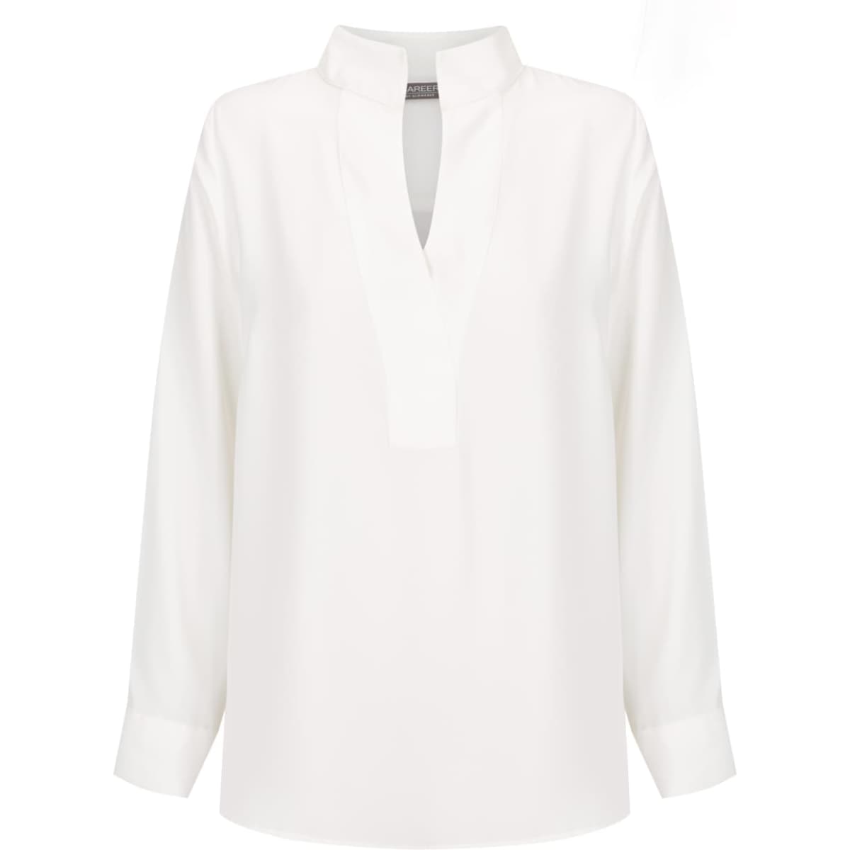 Asha Long Sleeve Top in white, featuring a half-open neck and long sleeves. It has a subtle branding detail.