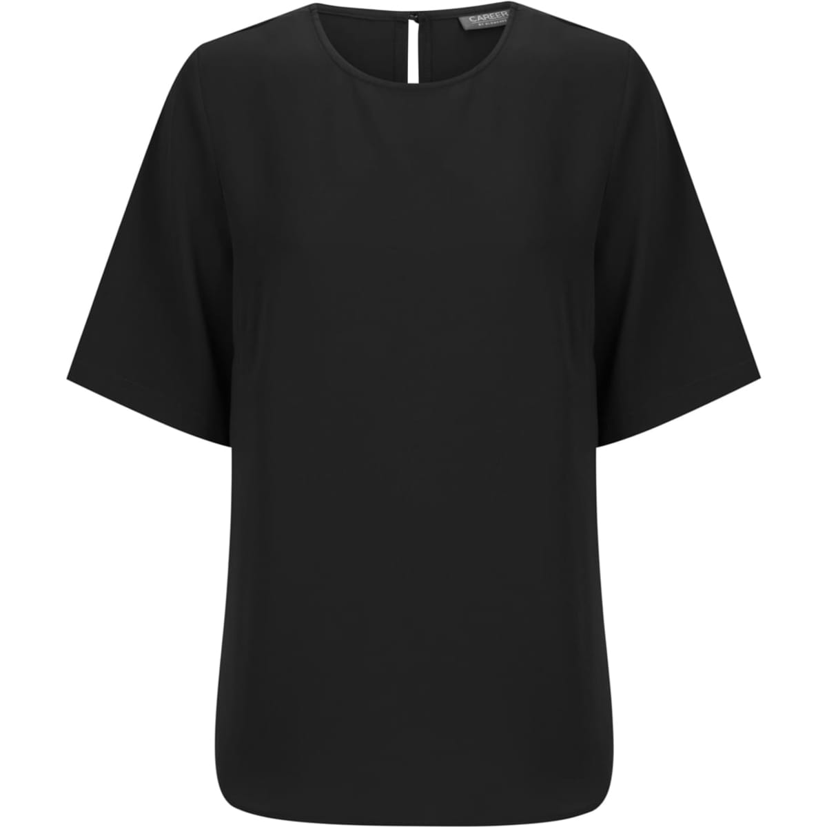 A black short sleeve top with a loose fit and a small rear keyhole opening. It features a subtle brand logo.