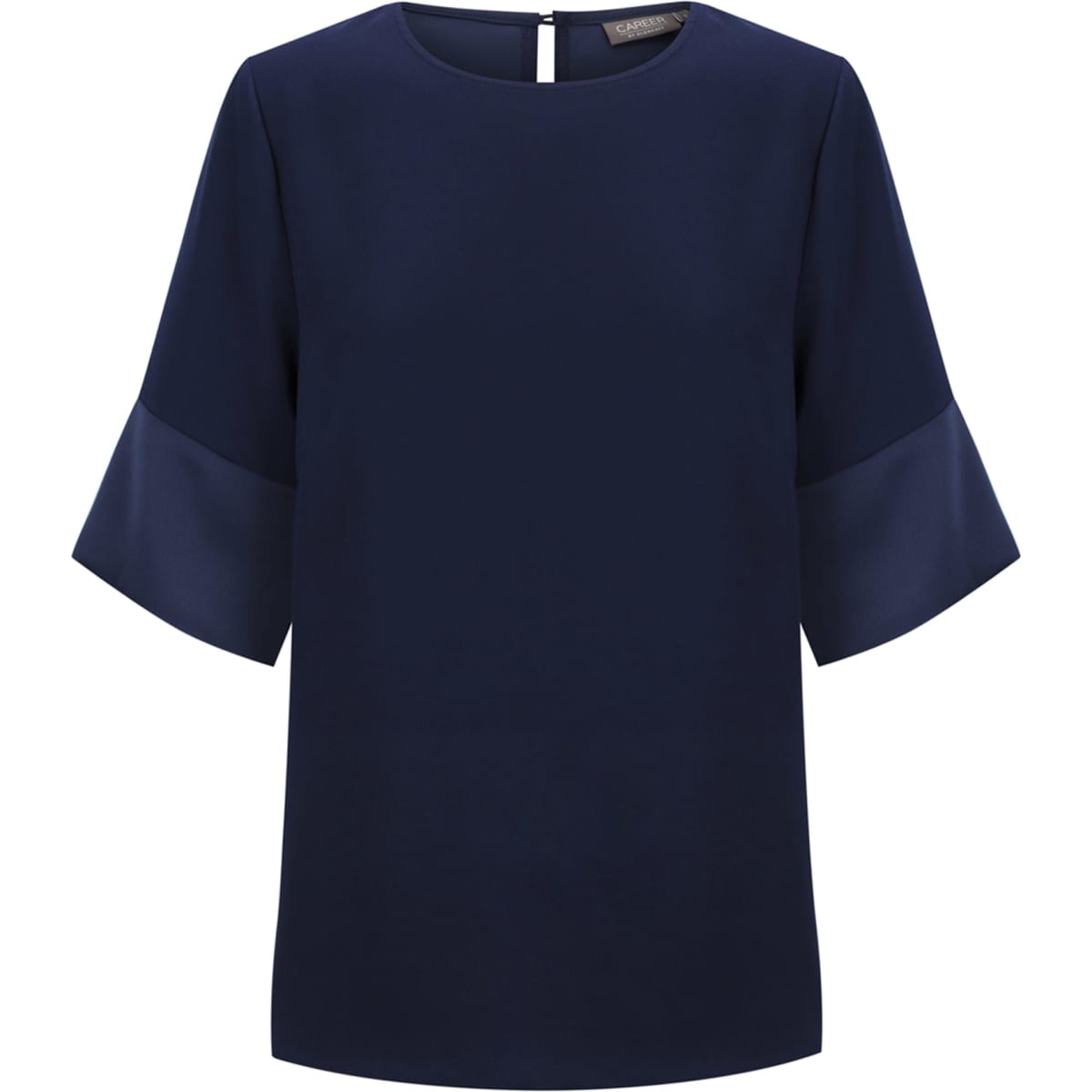 A navy top with contrasting cuff sleeves and a round neckline, featuring a keyhole back. It has a logo on the label.