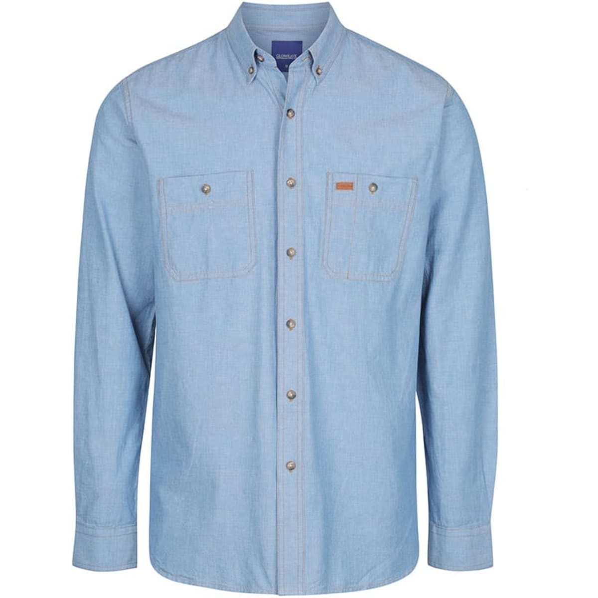 A light blue button-up work shirt featuring two chest pockets and a logo on the side.