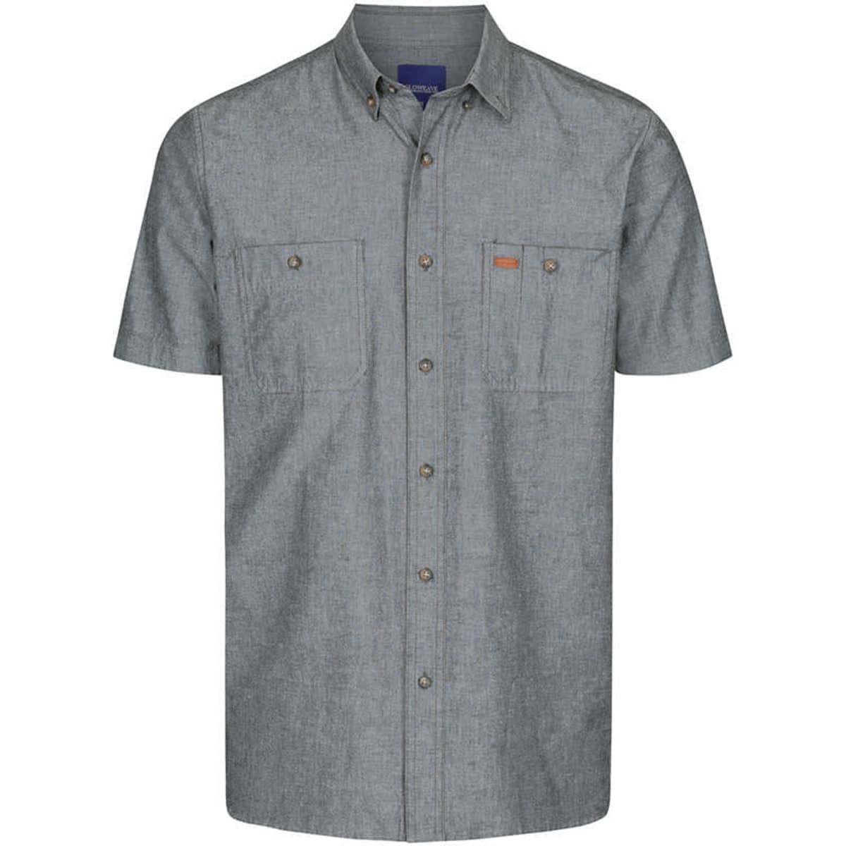 A short-sleeved work shirt in grey with two chest pockets and a logo. Suitable for various work environments.