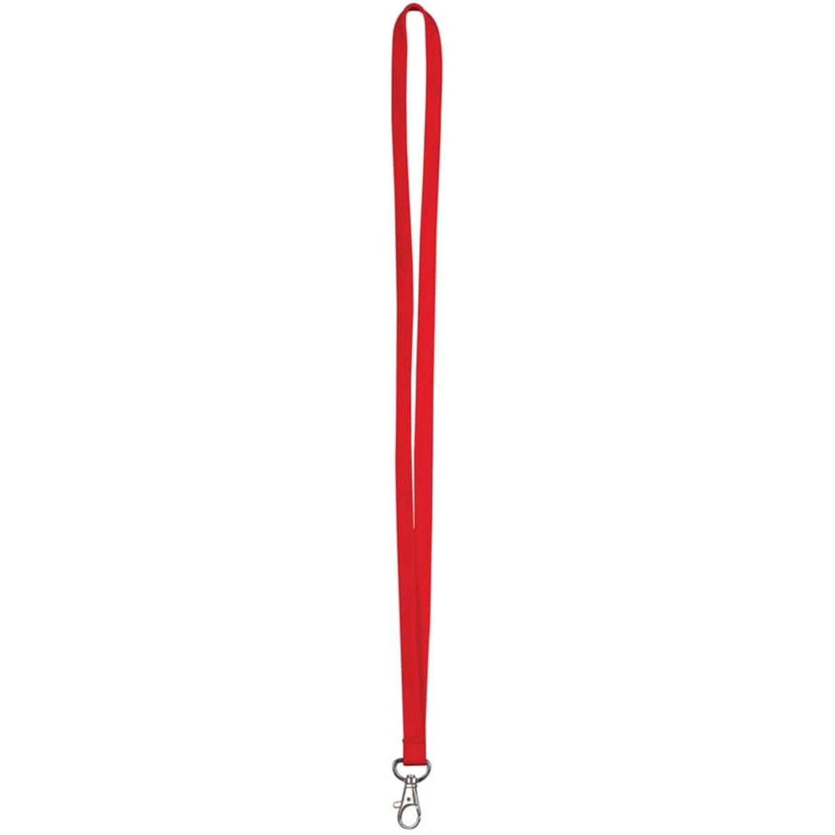 A red cotton lanyard with a metal clip attachment, designed for holding ID cards or keys.