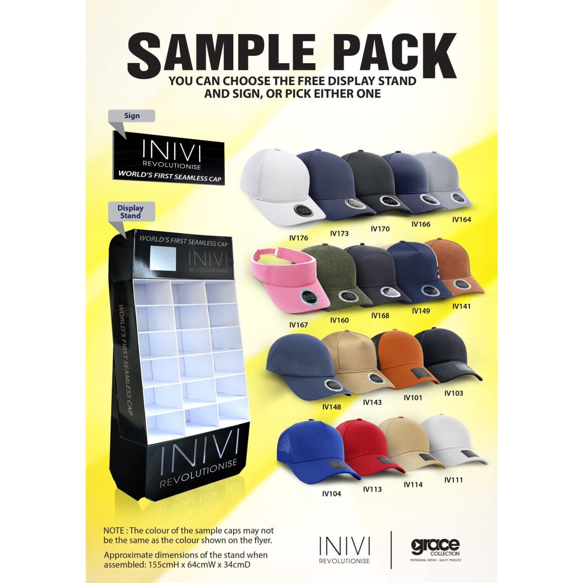 A display of various caps in multiple colours, with a sample pack sign and a display stand featuring a logo.