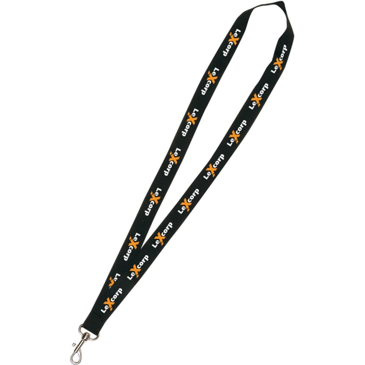 A black nylon lanyard featuring a logo, suitable for holding ID cards or keys.