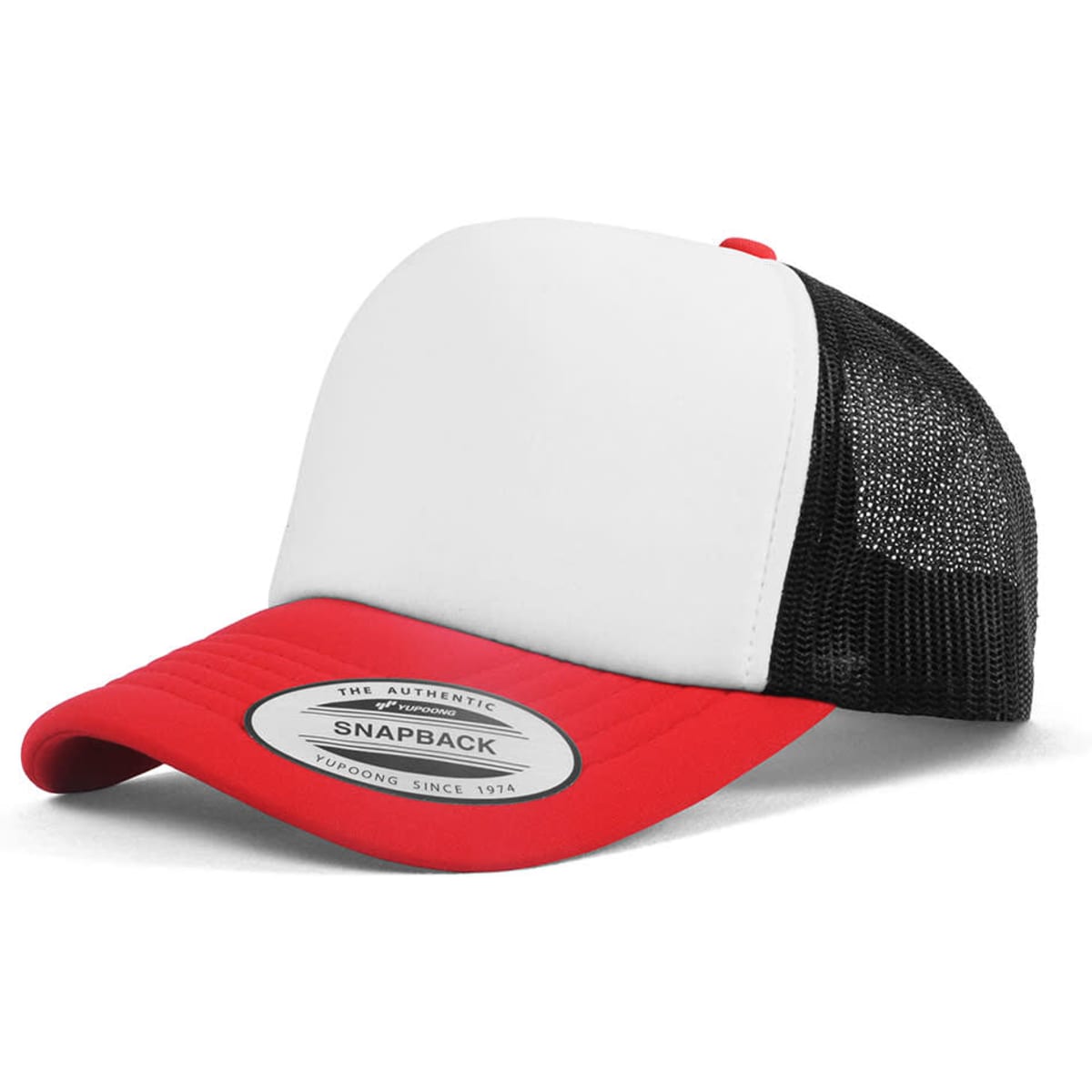 A trucker cap featuring a white front, red brim, and black mesh back, complete with a logo on the front.