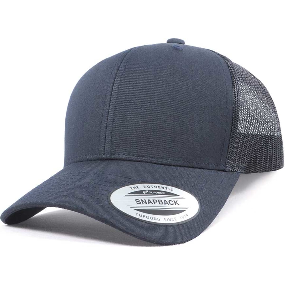 A navy trucker cap featuring a mesh back and a branded patch on the front.