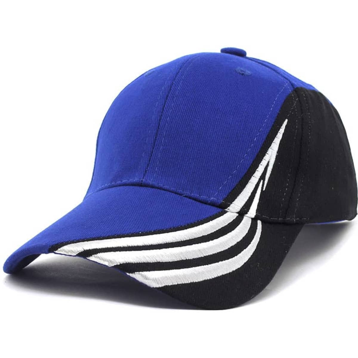 A cap featuring a blue and black design with white curved stripes and a visible logo.