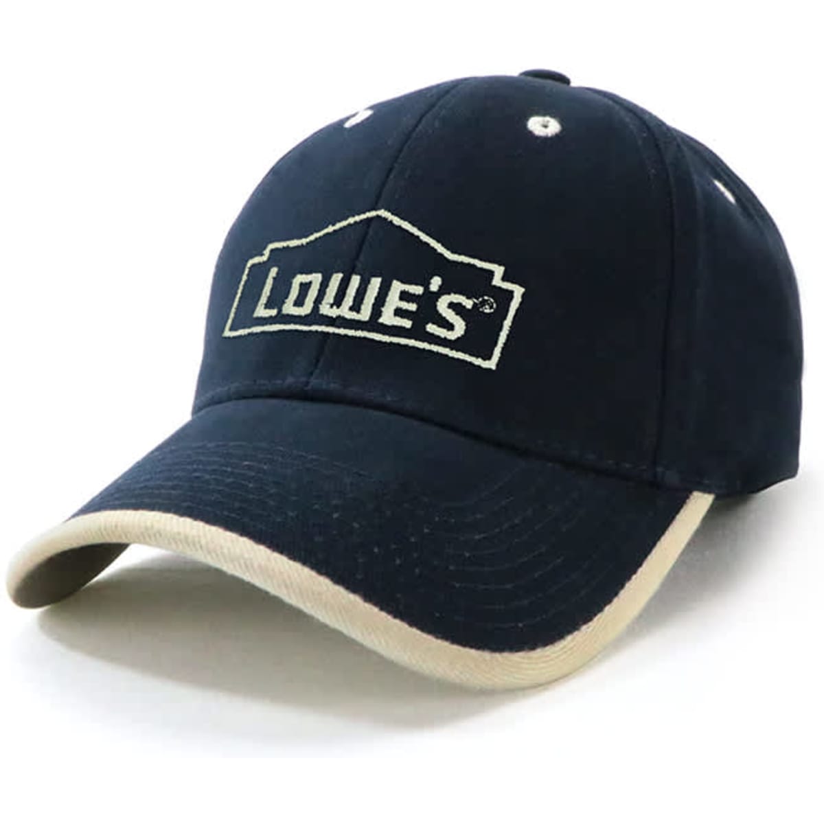 A navy cap with a beige peak and a logo on the front, featuring a classic fitted style.