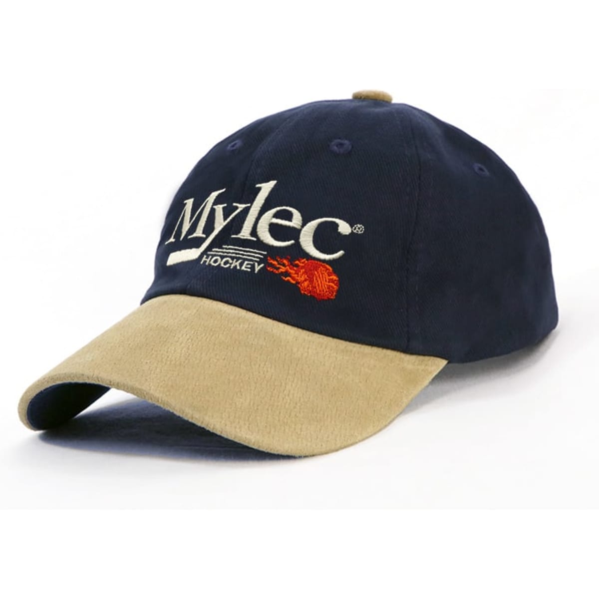 An unstructured navy and suede cap featuring a logo on the front and a contrasting brim.