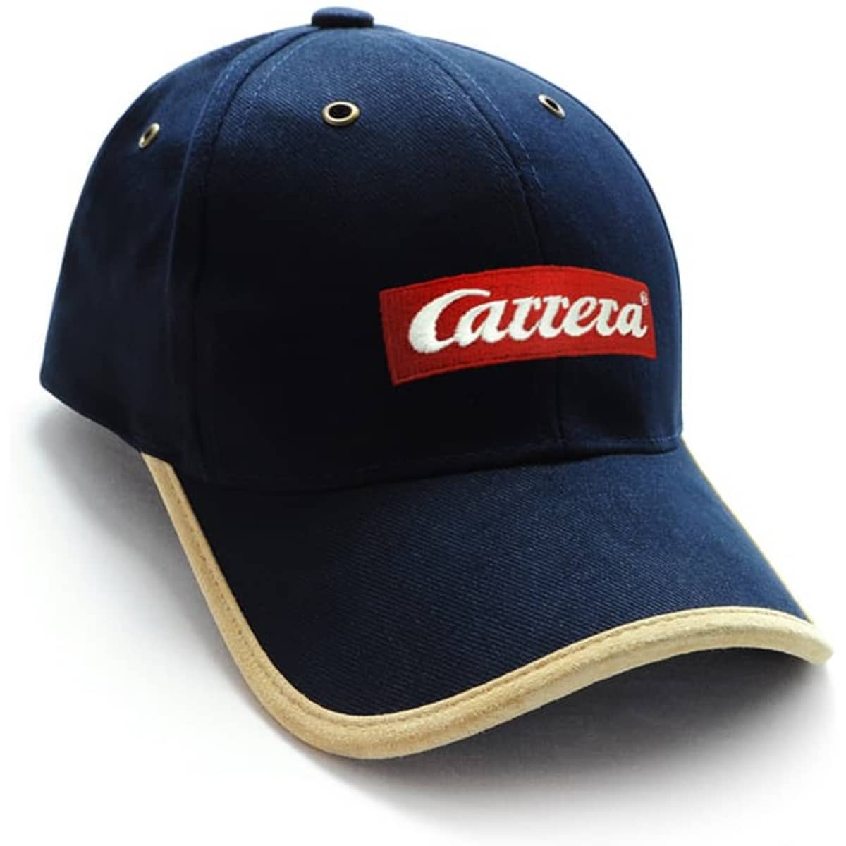 A navy blue cap with a suede trim and a logo on the front.