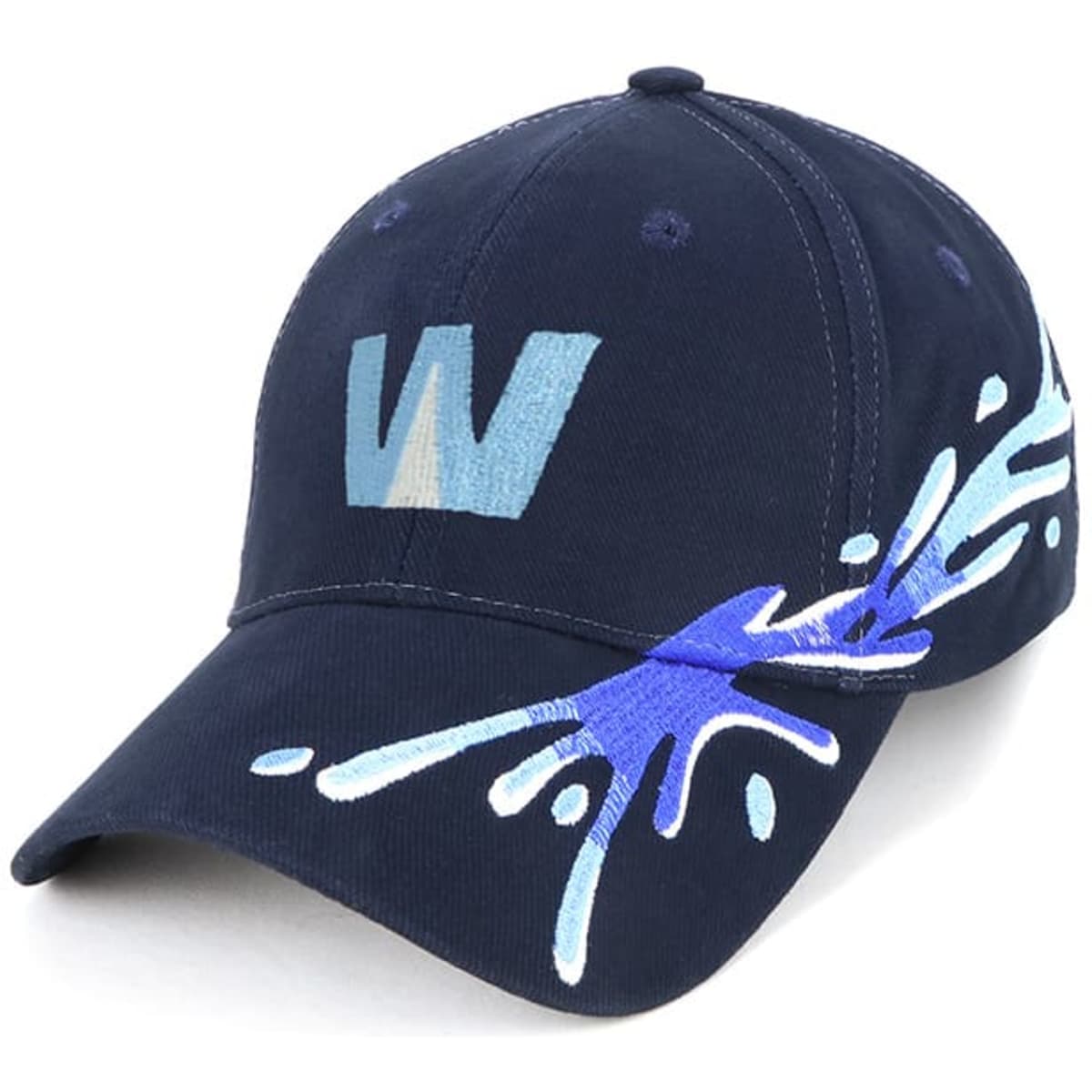 A navy cap featuring a splash design in shades of blue and white, with a logo on the front.
