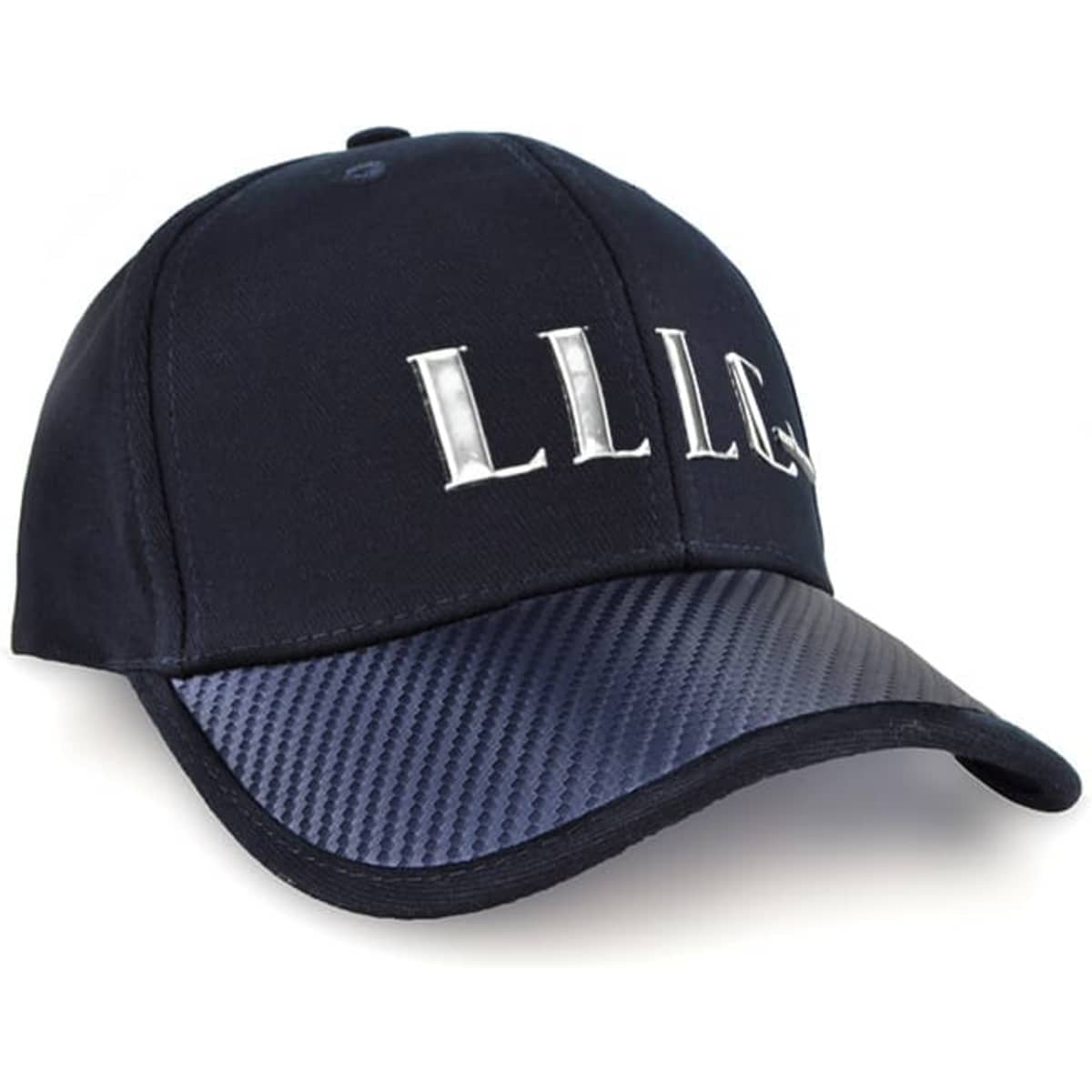 A navy blue cap with a carbon fibre-like peak and a logo on the front.