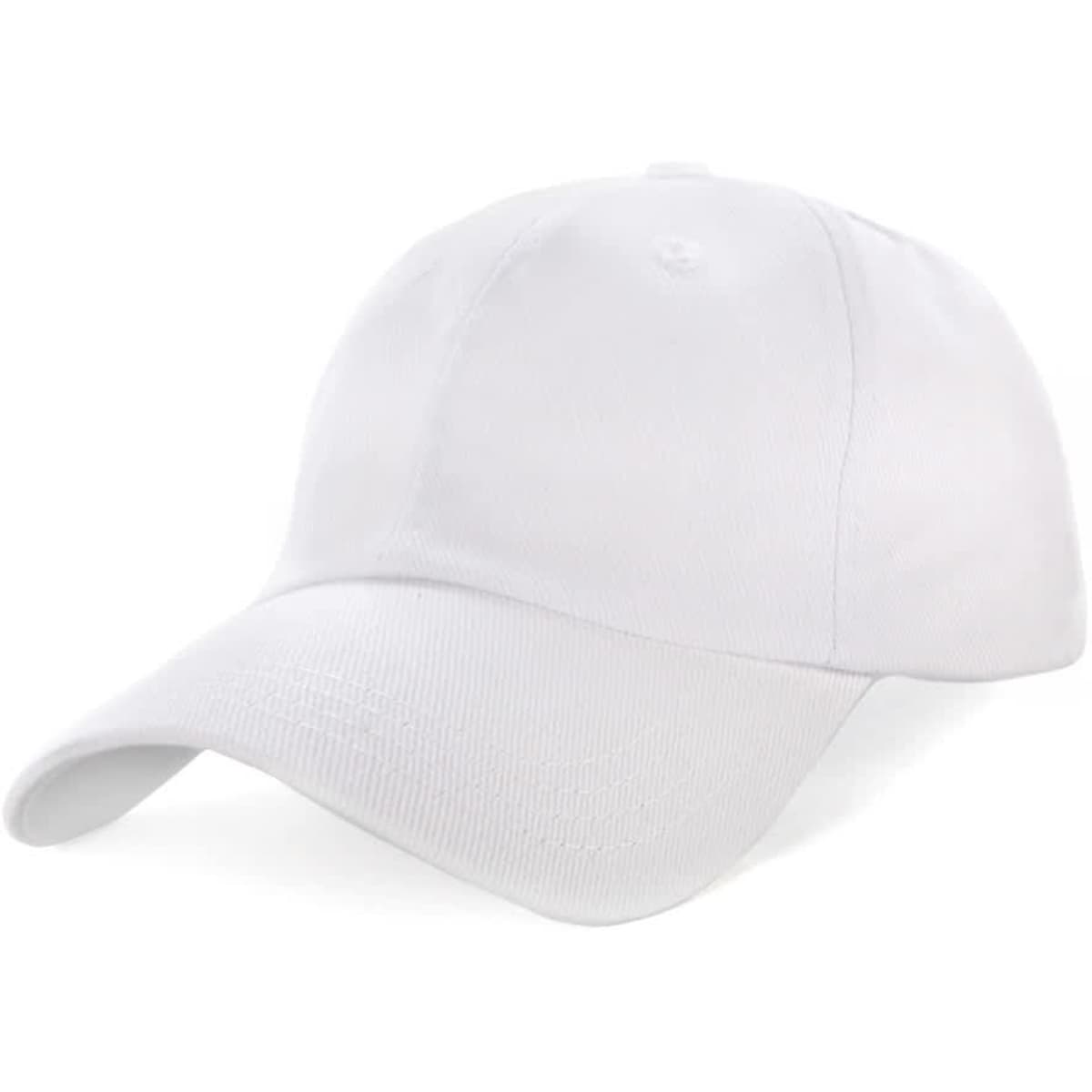 A white unstructured cap featuring a curved brim and an adjustable back, with a logo on the front.