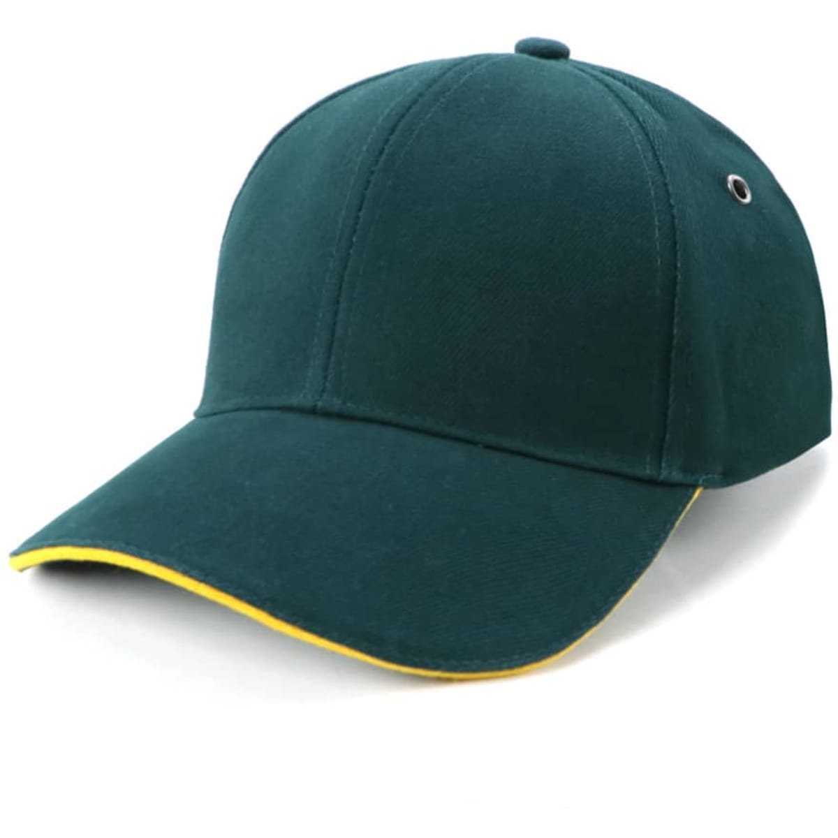 A green cap with a yellow trim, featuring a logo on the front and a curved brim.