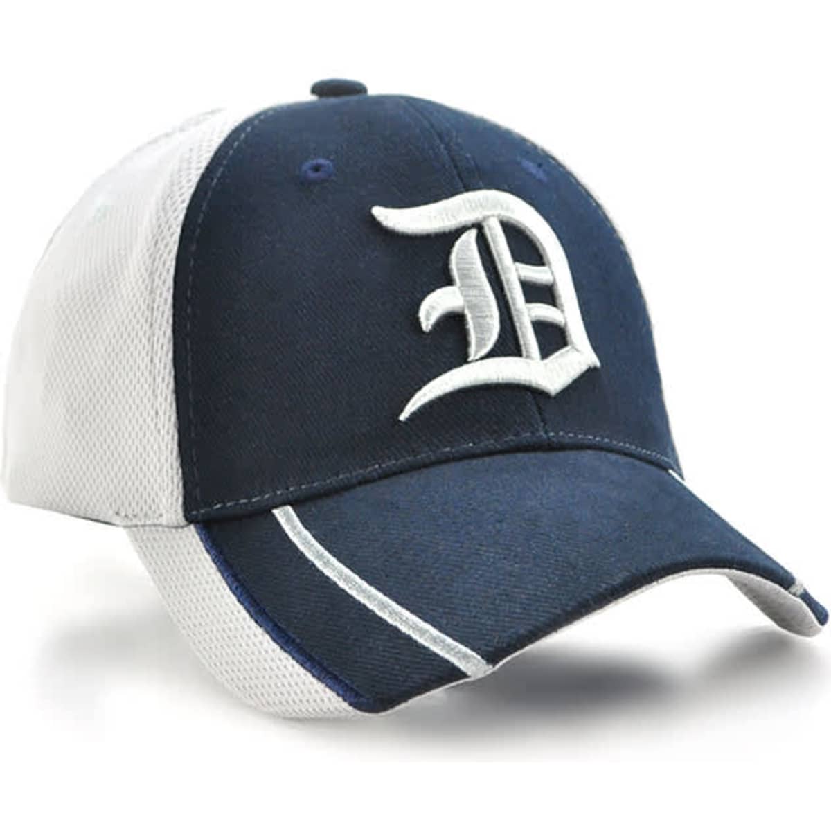 A navy and white cap featuring a logo on the front, designed as headwear.