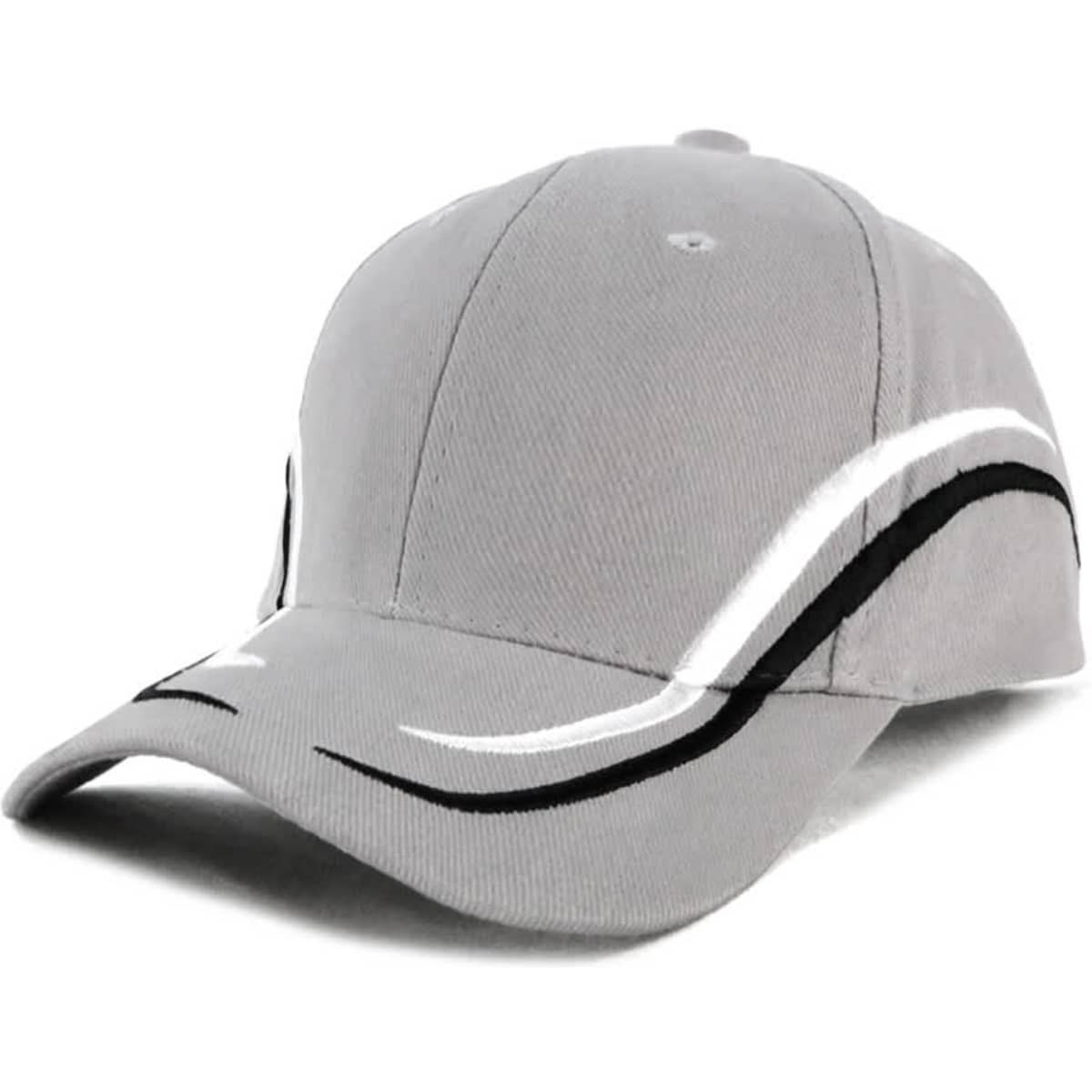 A grey cap featuring black and white detailing, with an embroidered logo on the front.