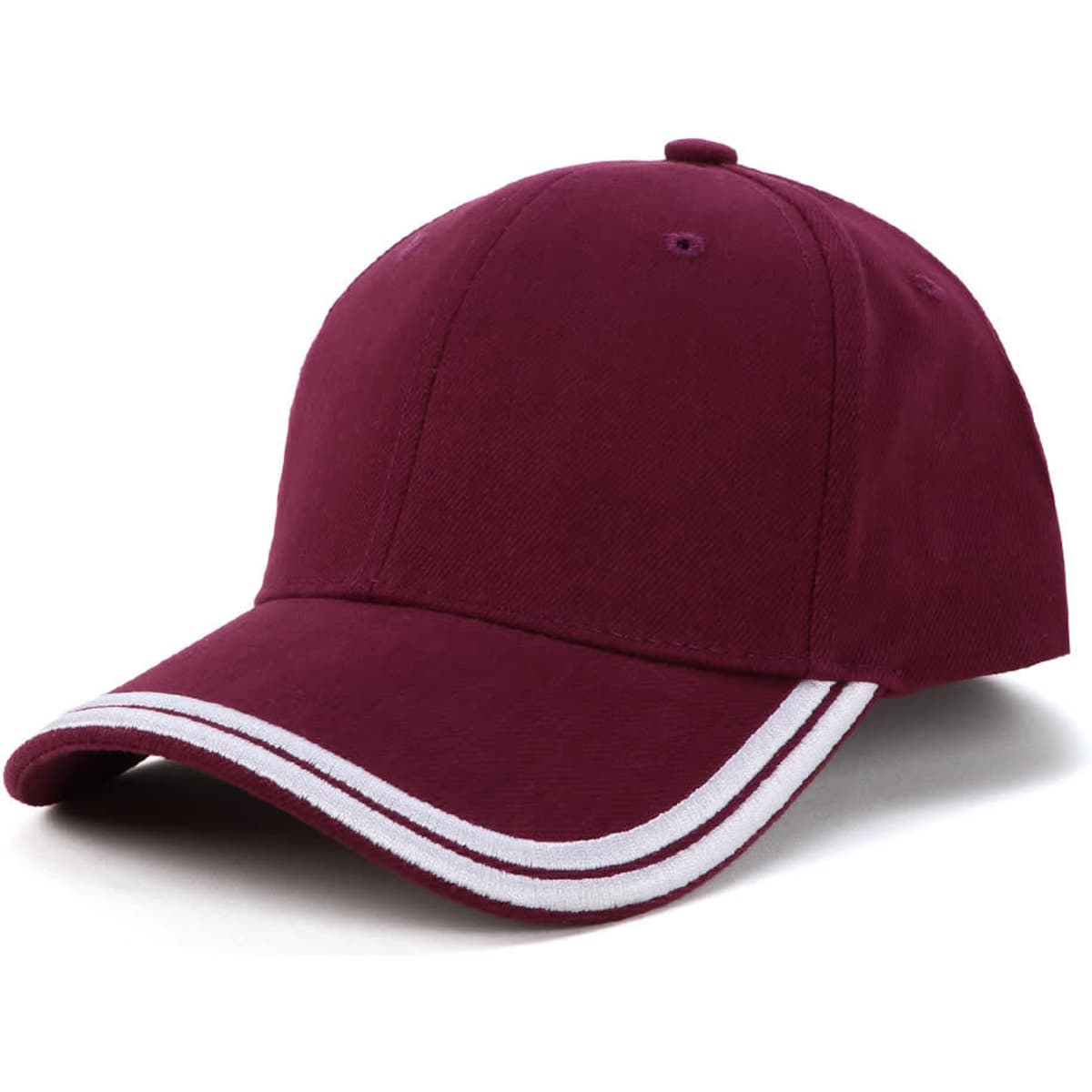 A burgundy cap featuring double white piping along the brim and a logo on the front.