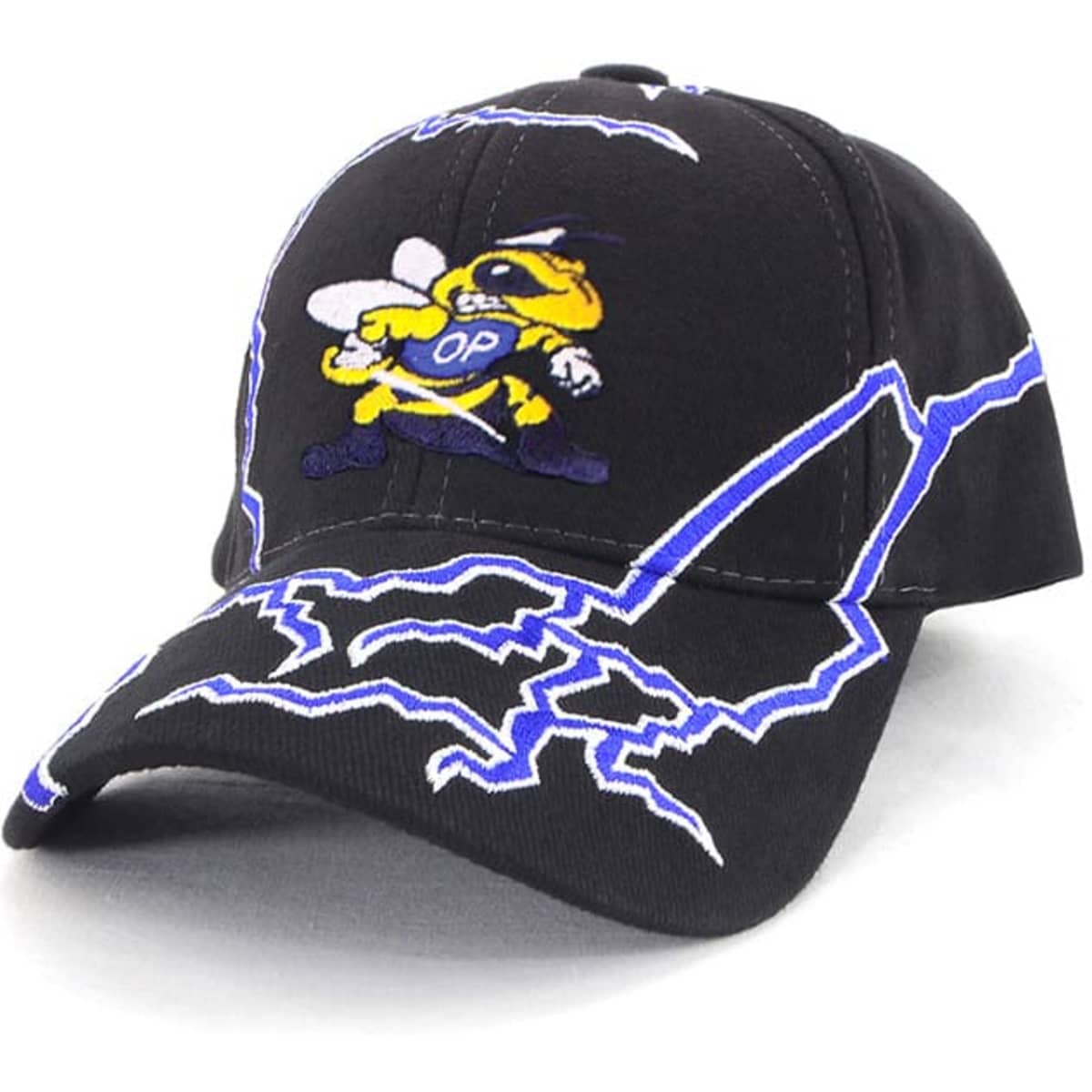 A black cap featuring an embroidered bee design and lightning details, along with a logo.