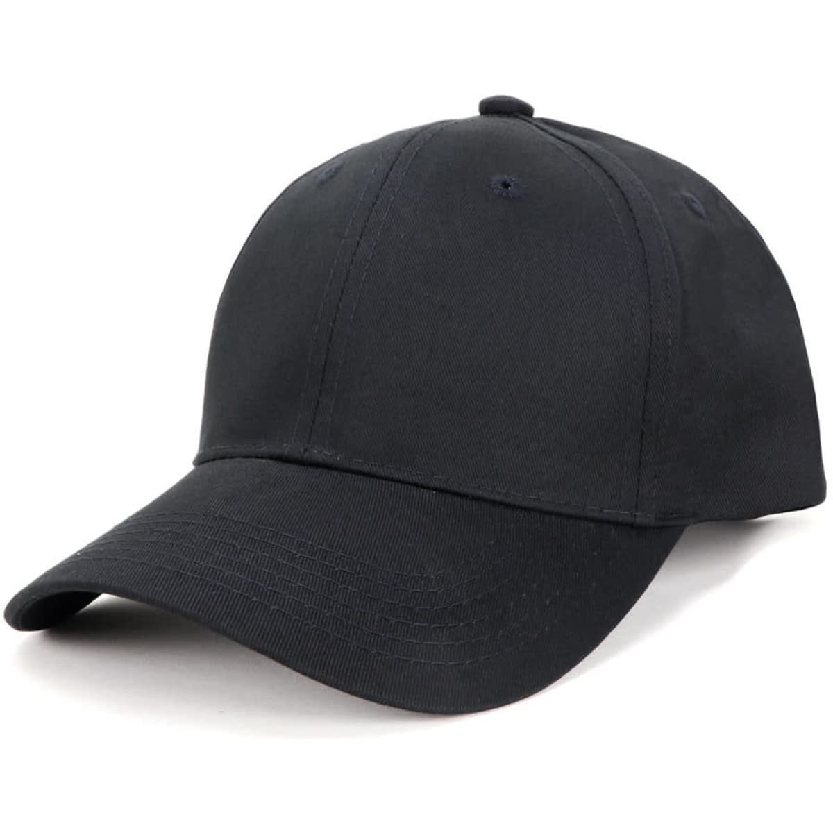 A black cotton cap with a curved brim, featuring a logo on the front.