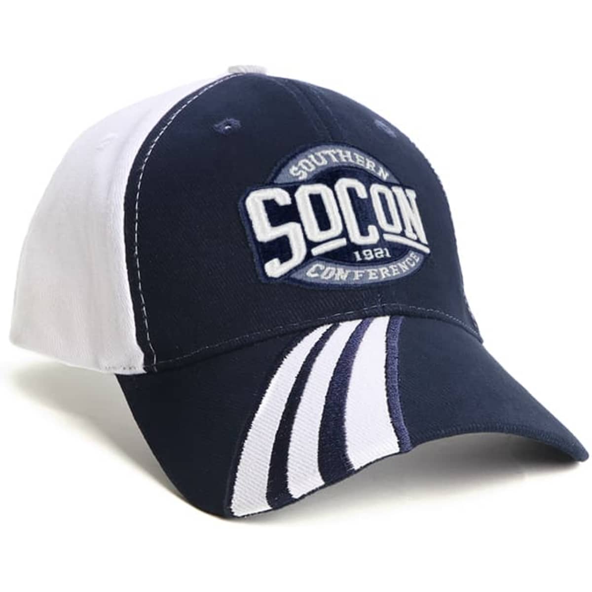 A navy and white cap featuring a logo, with stripes on the brim and a curved peak.