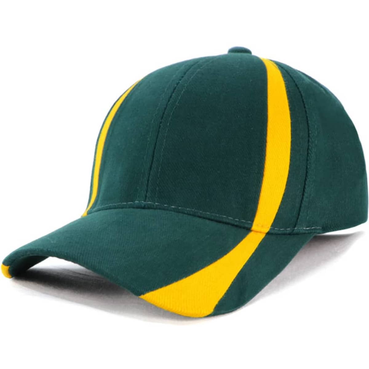 A green cap with yellow stripes, featuring a logo on the front.