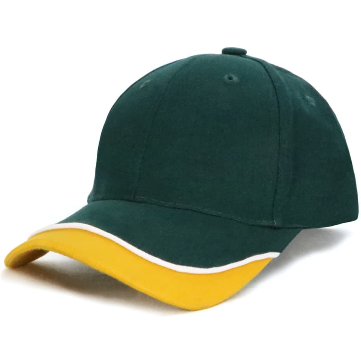 A green cap with a yellow and white trim, featuring a curved peak and a simple logo.
