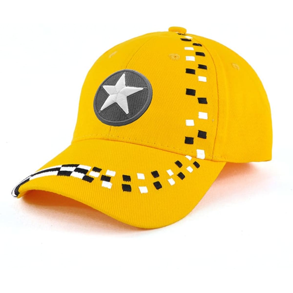 A yellow cap featuring a star emblem and a checkered pattern on the brim, with a logo on the front.