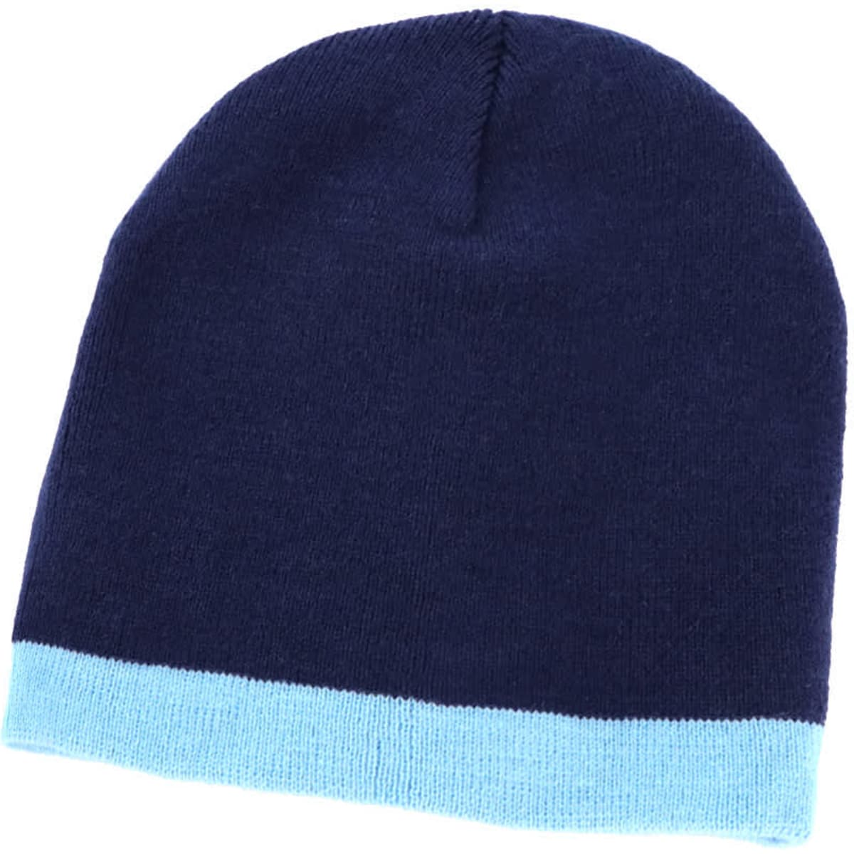 Acrylic two-tone beanie featuring a navy upper with a light blue cuff. Includes a logo.